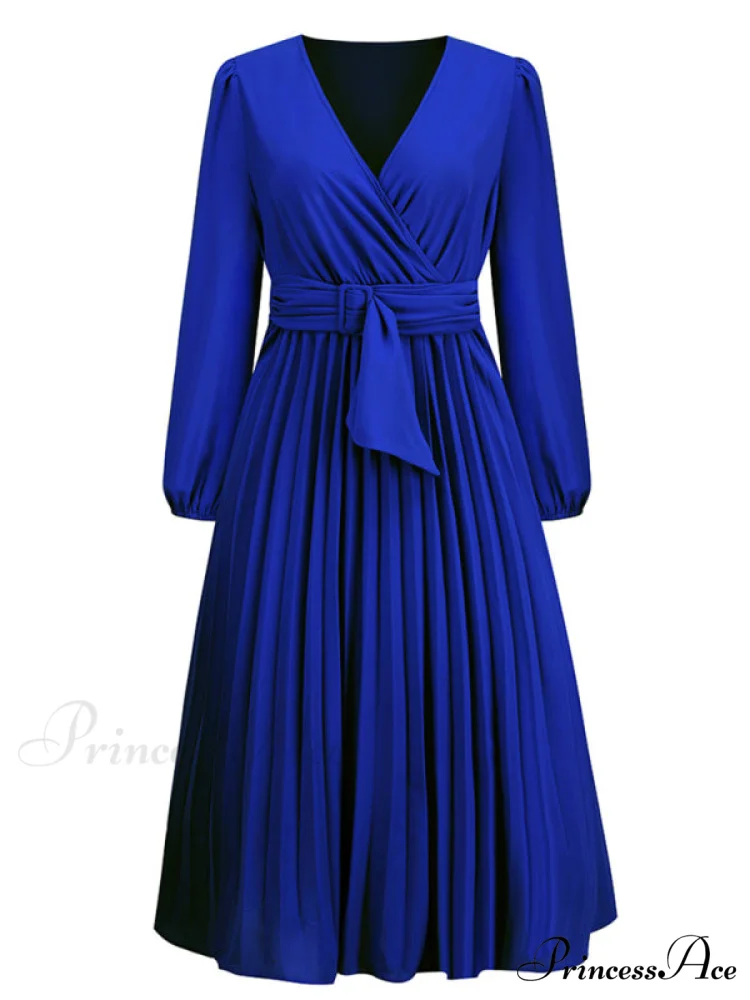 Full-Length Folded Belt Neck Long Waist Women's at Gown and V with Faux-wrap Sleeves - Image 2