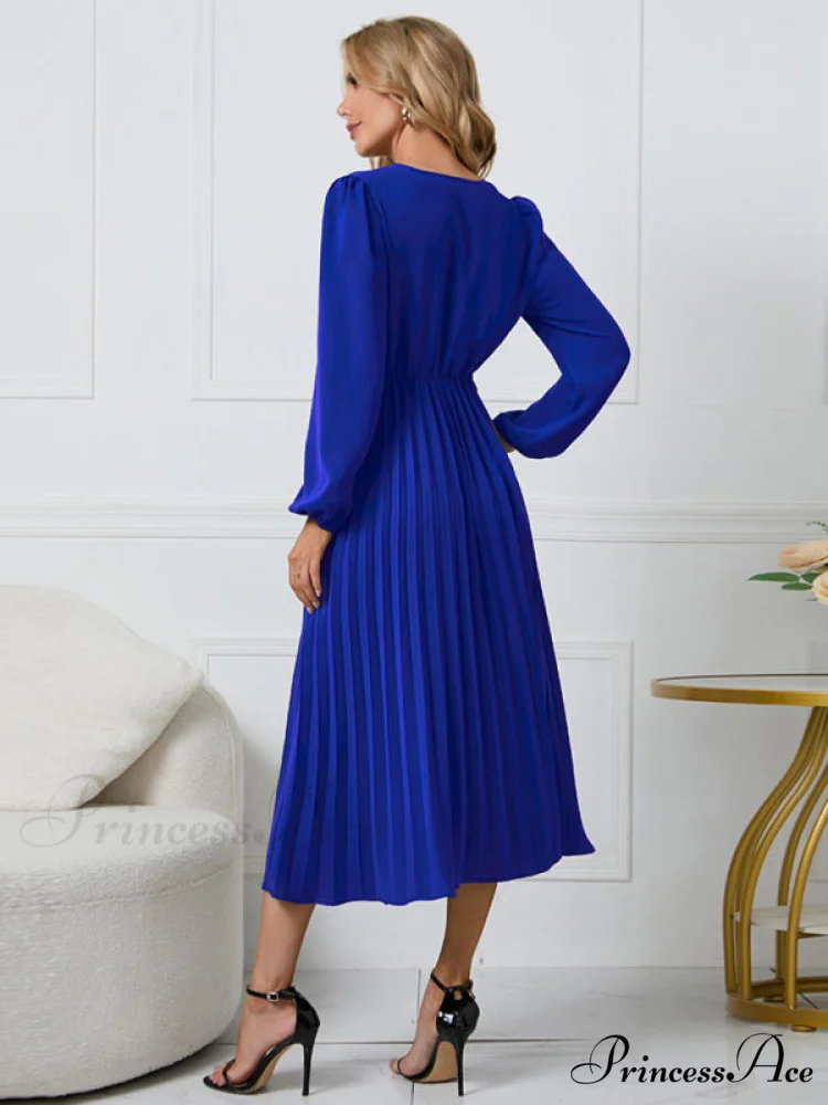 Full-Length Folded Belt Neck Long Waist Women's at Gown and V with Faux-wrap Sleeves - Image 3