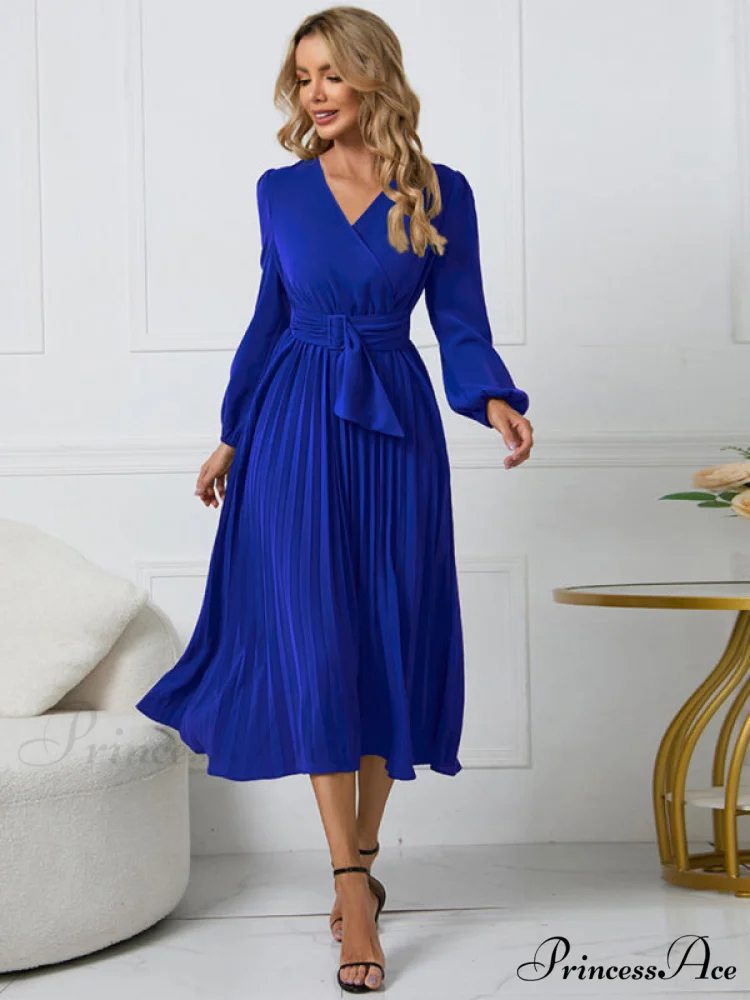 Full-Length Folded Belt Neck Long Waist Women's at Gown and V with Faux-wrap Sleeves - Image 5