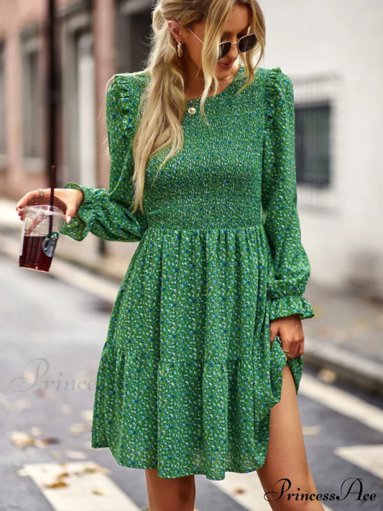 Gown Neck and for Spring A-Line Flowered Skirt Round Long-Sleeved - Summer - Image 10