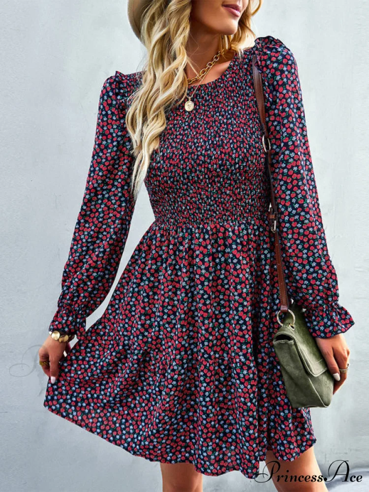 Gown Neck and for Spring A-Line Flowered Skirt Round Long-Sleeved - Summer - Image 11