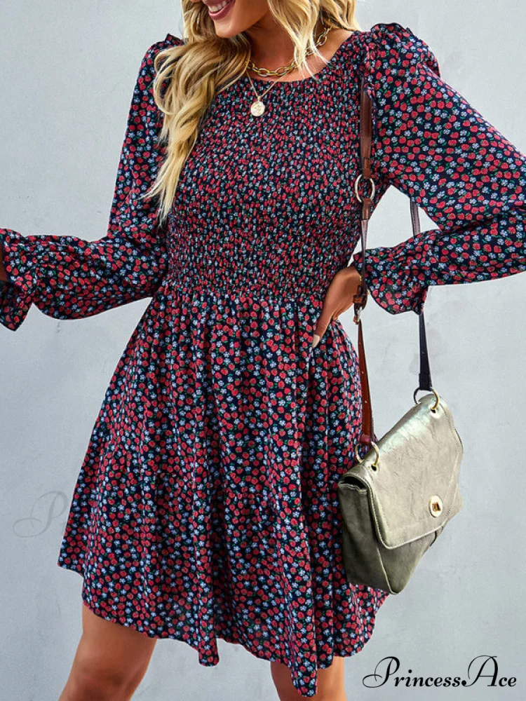 Gown Neck and for Spring A-Line Flowered Skirt Round Long-Sleeved - Summer - Image 12