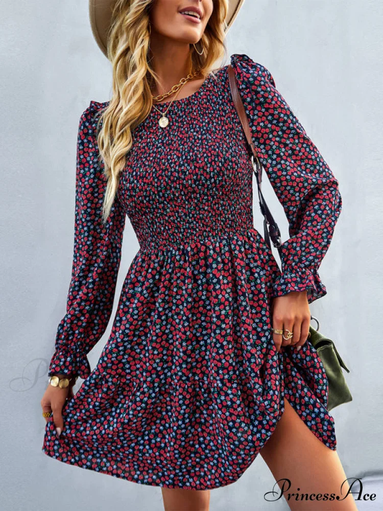 Gown Neck and for Spring A-Line Flowered Skirt Round Long-Sleeved - Summer - Image 13