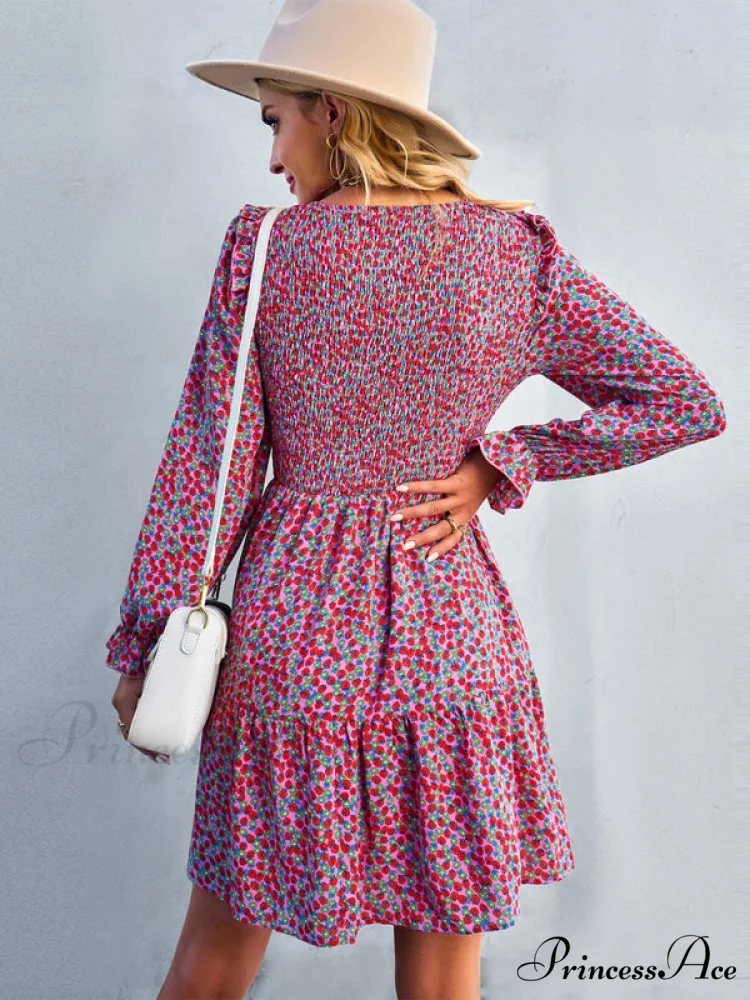 Gown Neck and for Spring A-Line Flowered Skirt Round Long-Sleeved - Summer - Image 2