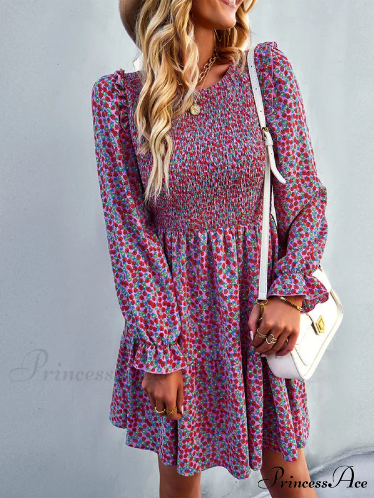 Gown Neck and for Spring A-Line Flowered Skirt Round Long-Sleeved - Summer - Image 4