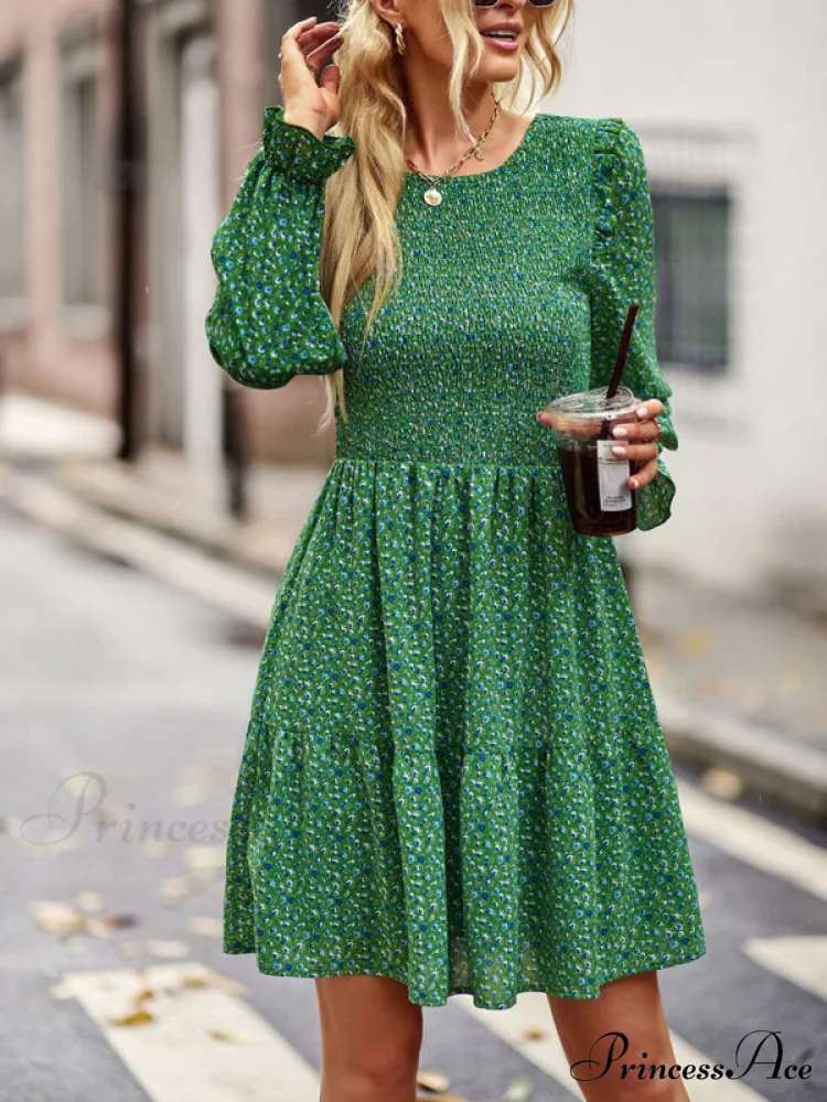 Gown Neck and for Spring A-Line Flowered Skirt Round Long-Sleeved - Summer - Image 6