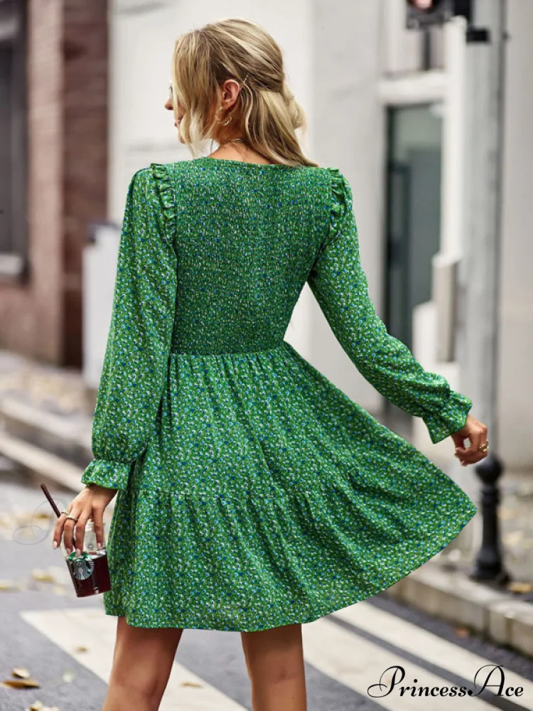 Gown Neck and for Spring A-Line Flowered Skirt Round Long-Sleeved - Summer - Image 9