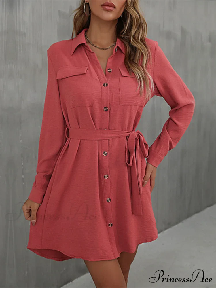 With Button Down Mini Gown Collared Waist for Tie Women