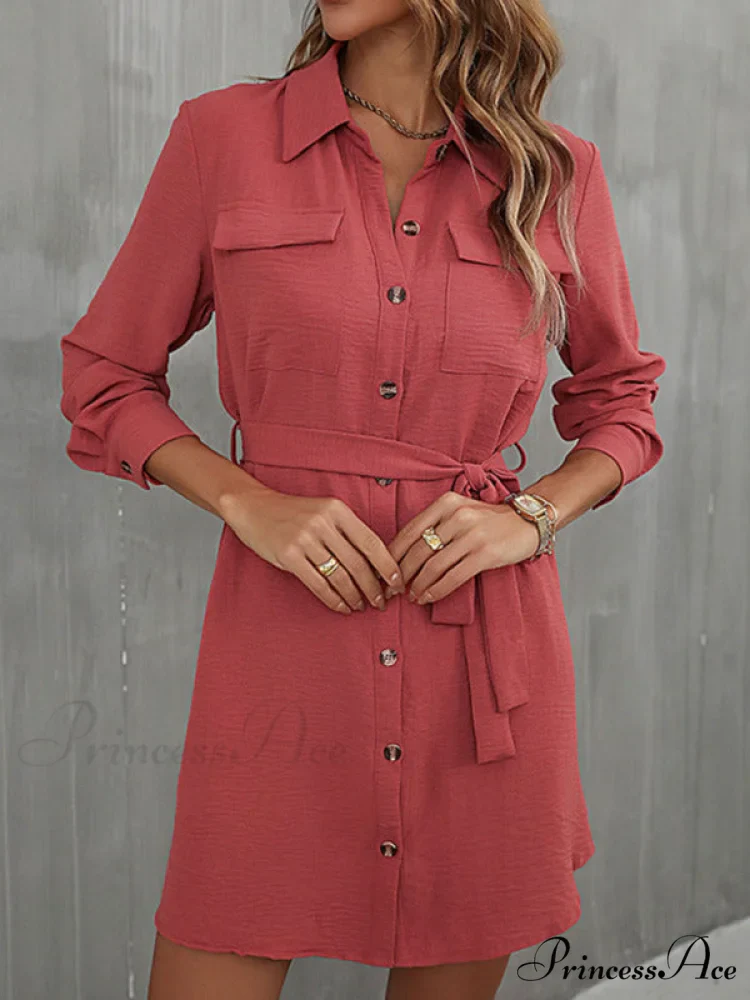 With Button Down Mini Gown Collared Waist for Tie Women - Image 4