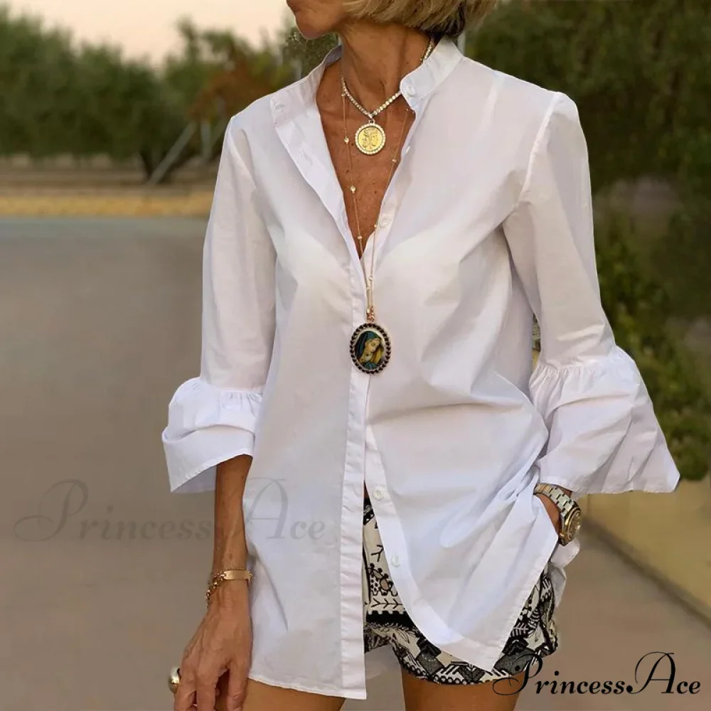 Blouse Office Arm - V Button Women's Flare Up White Neck Blouse - Image 5