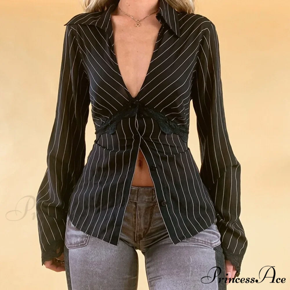 Retro Y2K Lace Patchwork Tshirt Button with Up and Design - Image 7