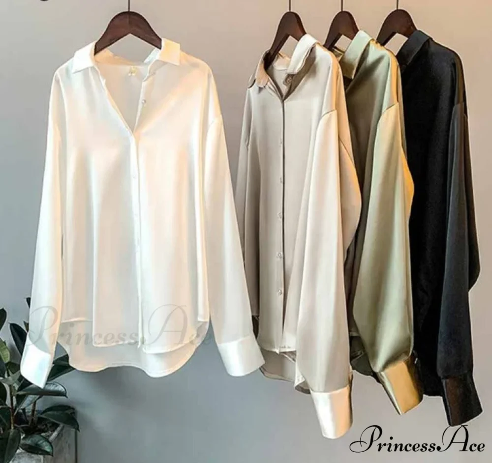 Arm Vintage Ladies Satin Korean Office Long Blouse Button Up Silk Elegant Blouse White Tops