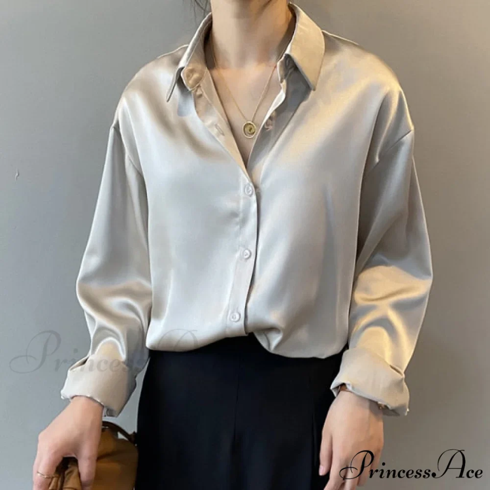 Arm Vintage Ladies Satin Korean Office Long Blouse Button Up Silk Elegant Blouse White Tops - Image 8