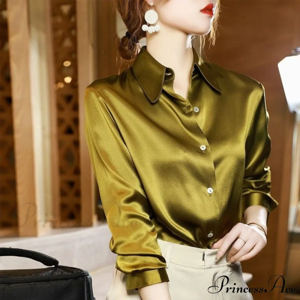 Button Satin - Women's Blouse Silk Luxury Office Crepe Up Elegant Top