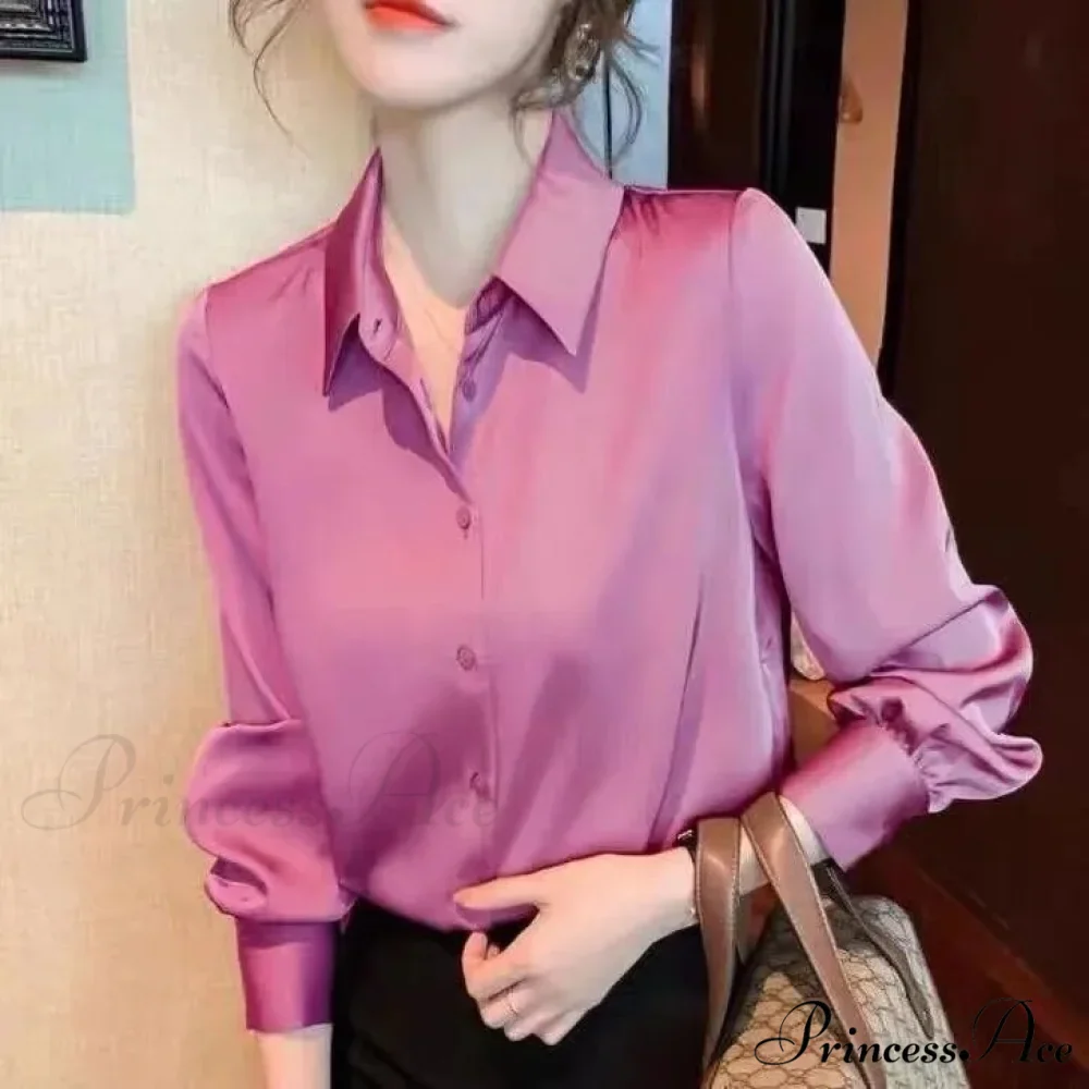 Button Satin - Women's Blouse Silk Luxury Office Crepe Up Elegant Top - Image 10