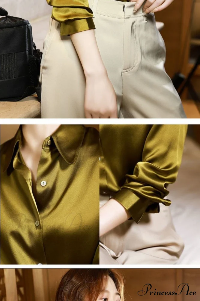 Button Satin - Women's Blouse Silk Luxury Office Crepe Up Elegant Top - Image 15