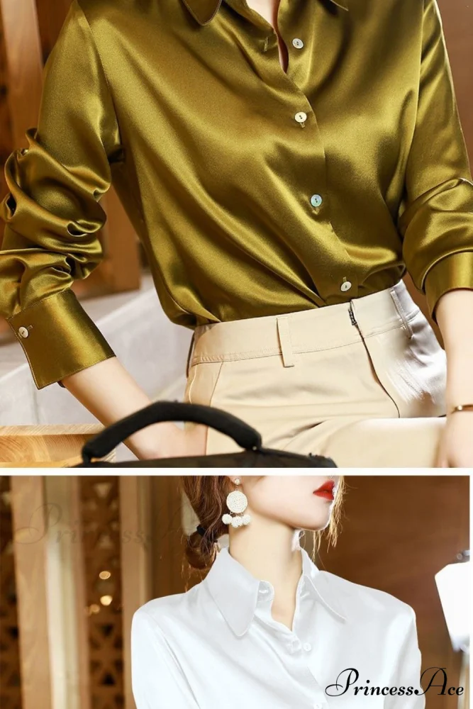 Button Satin - Women's Blouse Silk Luxury Office Crepe Up Elegant Top - Image 21