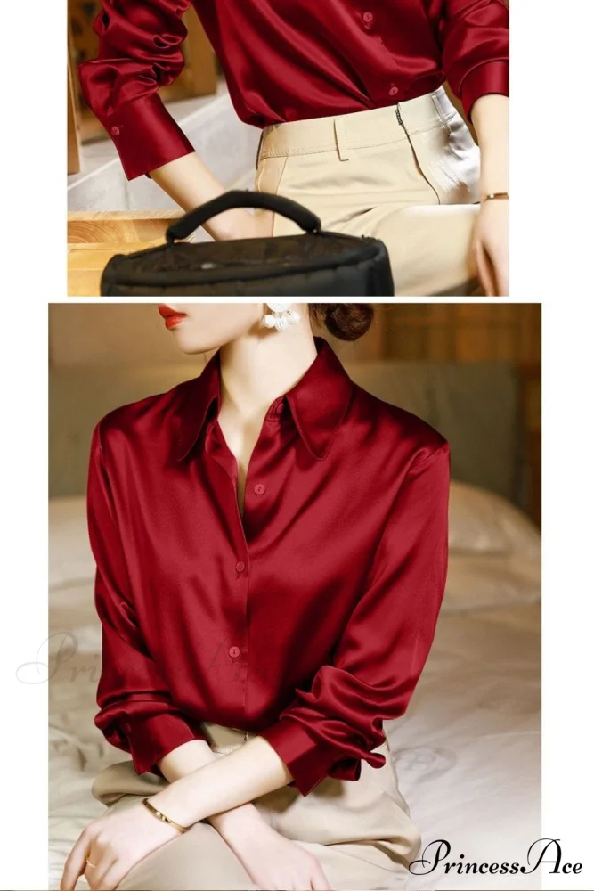 Button Satin - Women's Blouse Silk Luxury Office Crepe Up Elegant Top - Image 24