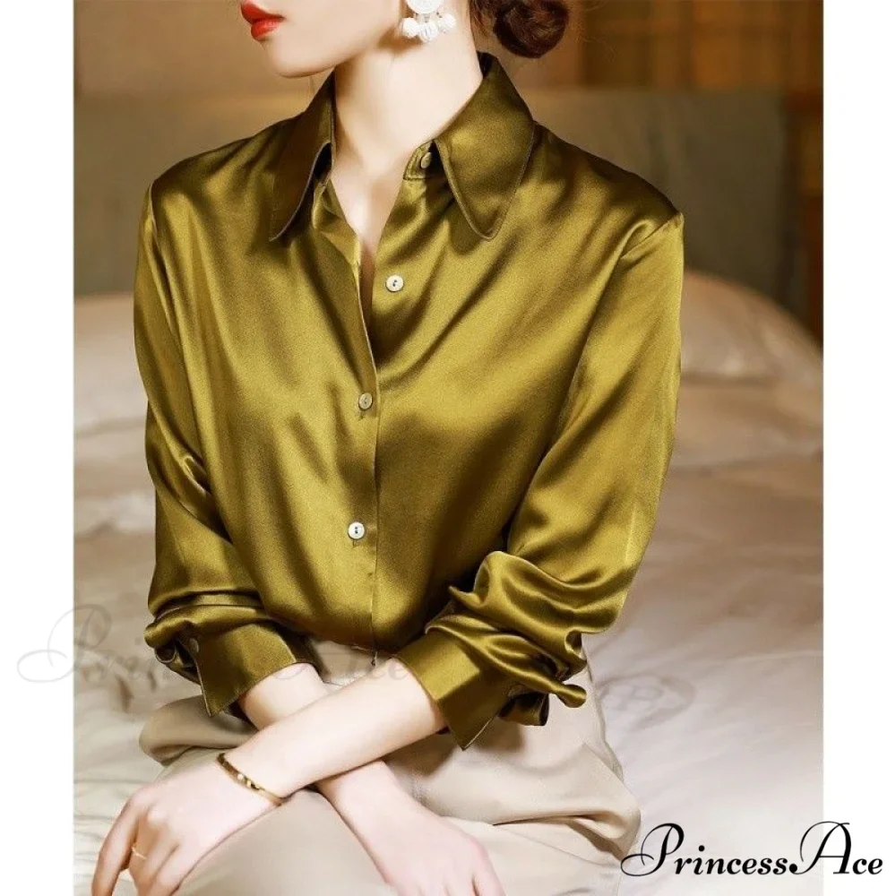 Button Satin - Women's Blouse Silk Luxury Office Crepe Up Elegant Top - Image 3