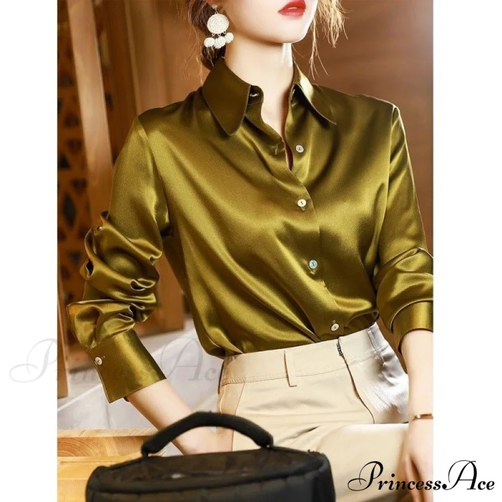Button Satin - Women's Blouse Silk Luxury Office Crepe Up Elegant Top - Image 4
