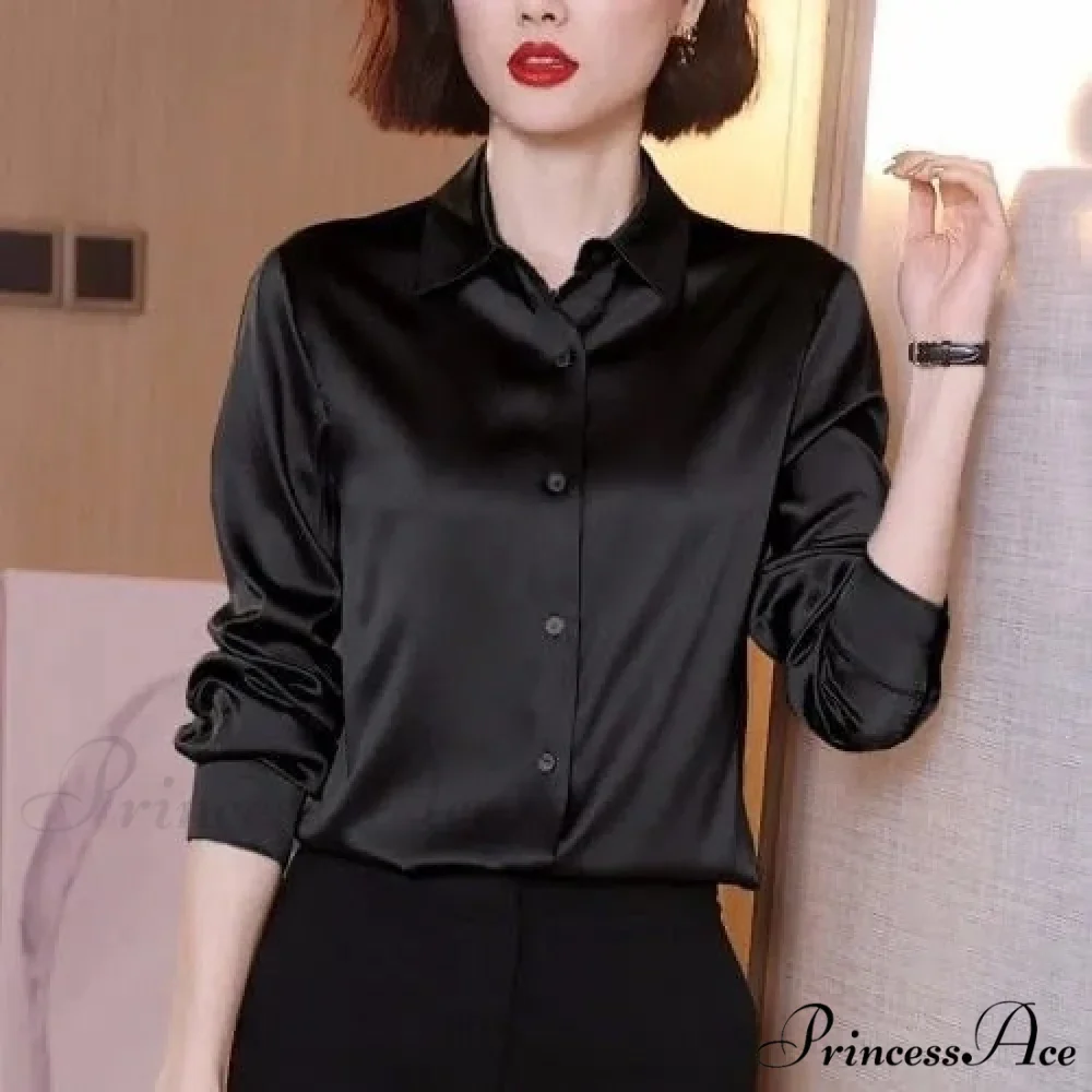Button Satin - Women's Blouse Silk Luxury Office Crepe Up Elegant Top - Image 7