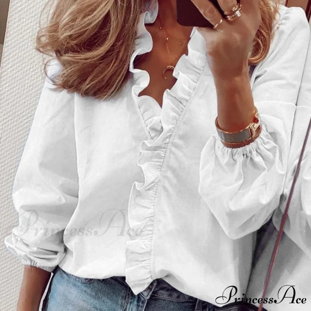 Top Solid Long Arm Blouse White Elegant Women's Color Femme Chemise Streetwear - Image 4