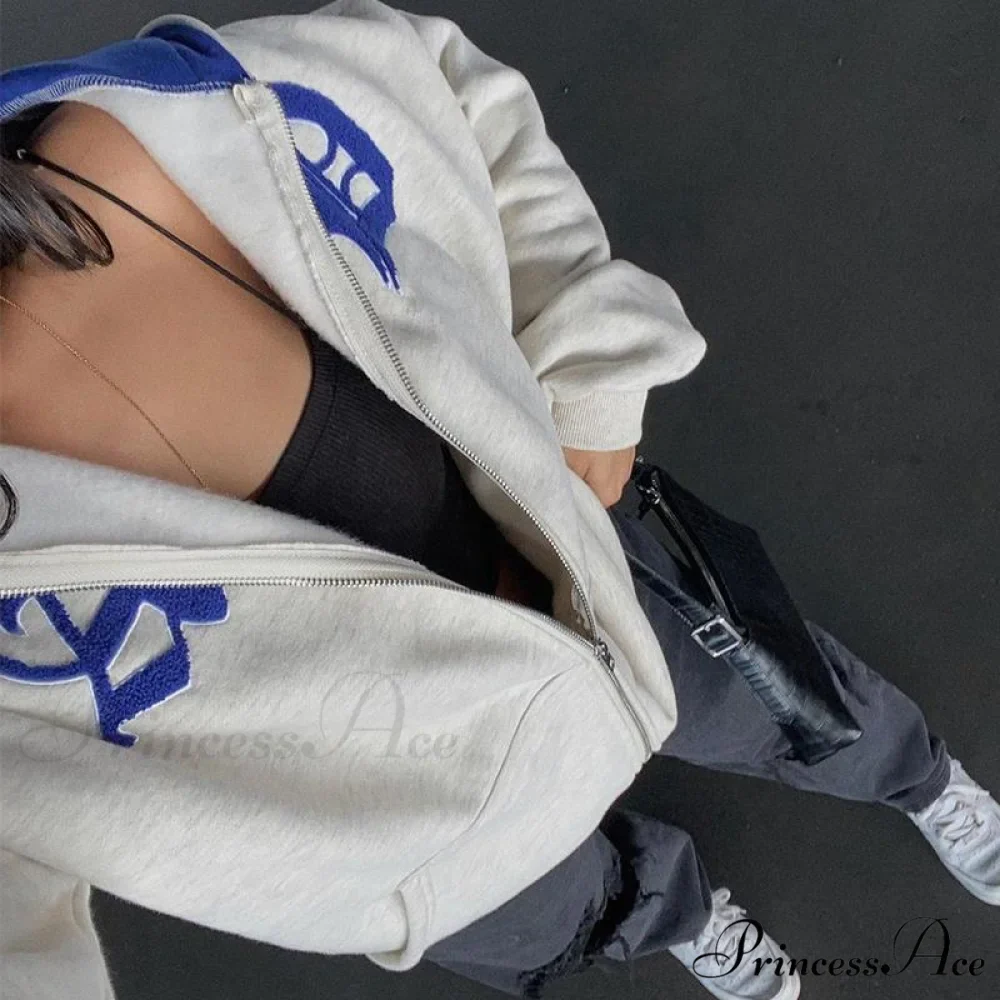 Spring Hoodie Hop Zipper Y2K Oversized Women's Gray Embroidery Letter Streetwear Punk Hip Sweatshirt - Image 5