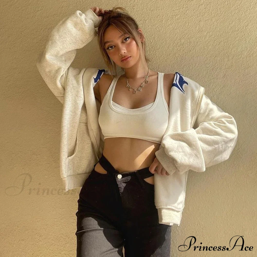 Spring Hoodie Hop Zipper Y2K Oversized Women's Gray Embroidery Letter Streetwear Punk Hip Sweatshirt - Image 7