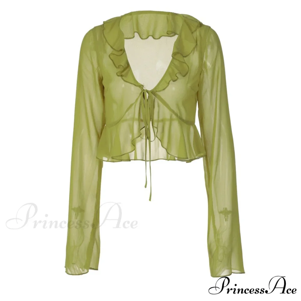 Trim Lace T-shirt 90s with Chiffon Ruffles Up and Vintage Green Detail - Image 7