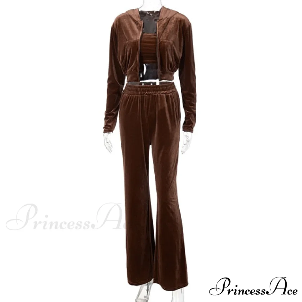 Wide 3 Pants Set High Waist Hoodie Casual Top Sweatshirt Crop Zipper Piece Tracksuit Leg Women Velvet Outfit - Image 3