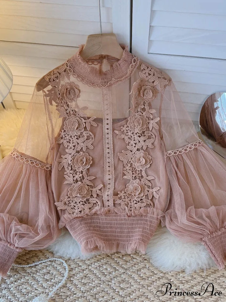 3D Blouse Top Lace Mesh Shirts Spring Lantern Elegant Arm Blusas Women Sheer Flowered Femininas - Image 3