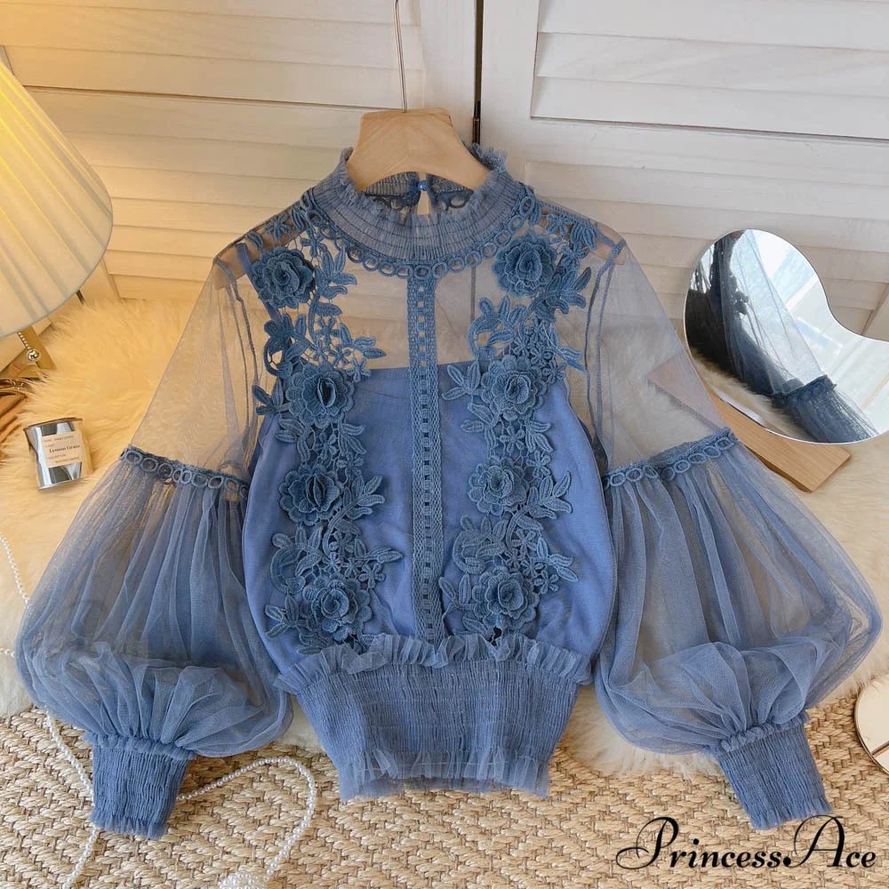 3D Blouse Top Lace Mesh Shirts Spring Lantern Elegant Arm Blusas Women Sheer Flowered Femininas - Image 5