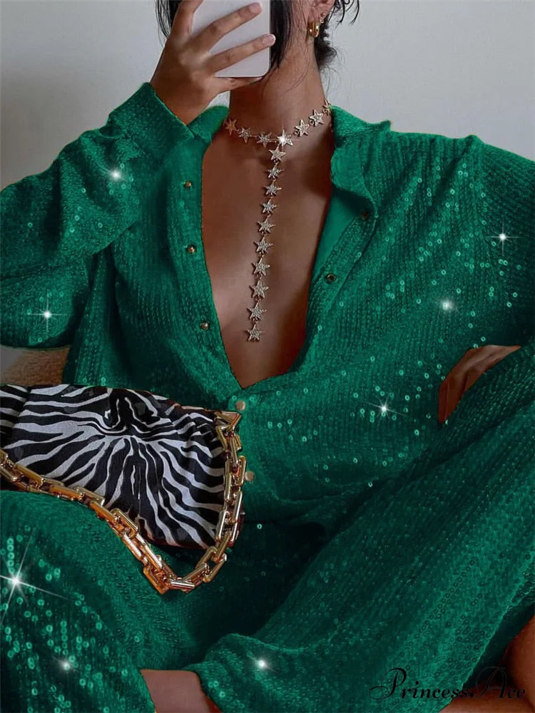 Top Sequin Blouse Sparkly and Pants Women Party Blouse Set Suit Two-Piece for - Outfit - Image 2