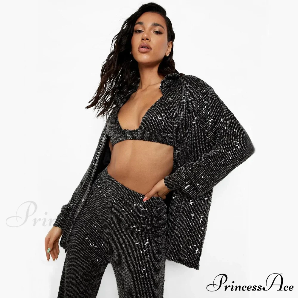 Top Sequin Blouse Sparkly and Pants Women Party Blouse Set Suit Two-Piece for - Outfit - Image 23