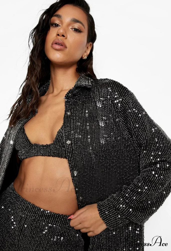 Top Sequin Blouse Sparkly and Pants Women Party Blouse Set Suit Two-Piece for - Outfit - Image 24