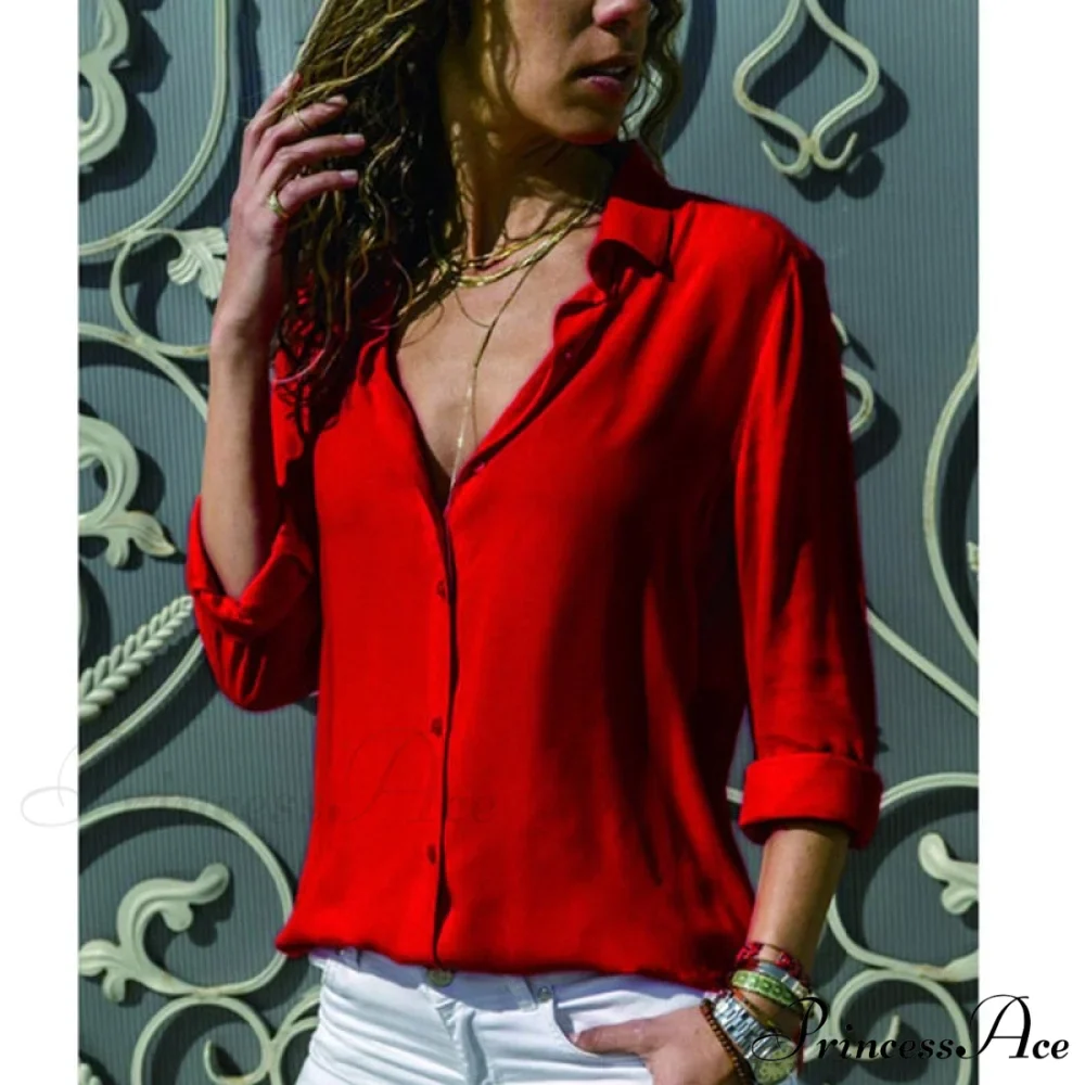 Tops Female Office Warm-Season Blouse Women V-Neck Casual Solid Shirts Chiffon Regular - Image 11