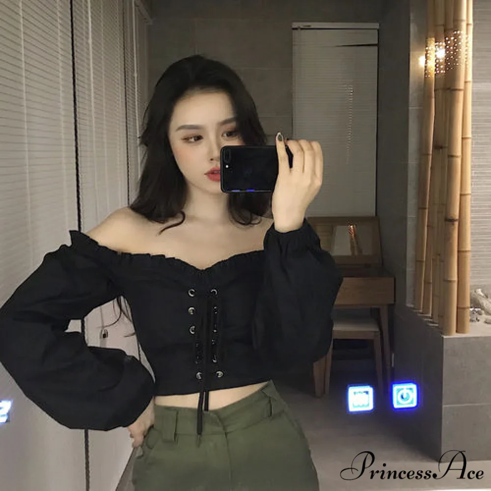 Top Sleeves Lace Ruffle Puff Tops Long Tops Crop Vintage Arm Up Bandage Blouse Shoulder Ladies Black Off With White - Image 5