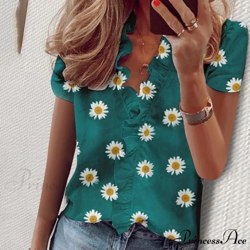Design Blouse Office Bohemian V-neck Arm Blouse Retro Slim Flowered Brief Women Ruffles Casual Lady Tops Summer - Image 16