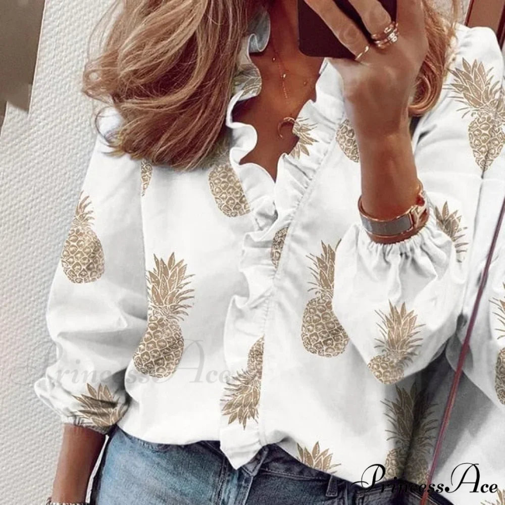 Design Blouse Office Bohemian V-neck Arm Blouse Retro Slim Flowered Brief Women Ruffles Casual Lady Tops Summer - Image 18