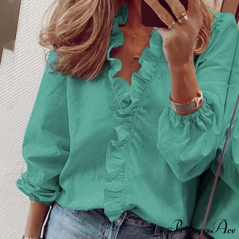 Design Blouse Office Bohemian V-neck Arm Blouse Retro Slim Flowered Brief Women Ruffles Casual Lady Tops Summer - Image 19