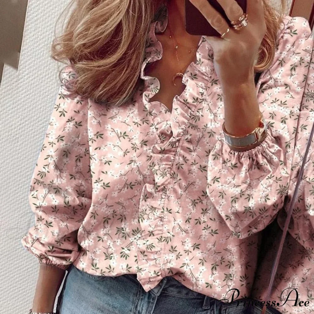 Design Blouse Office Bohemian V-neck Arm Blouse Retro Slim Flowered Brief Women Ruffles Casual Lady Tops Summer - Image 2