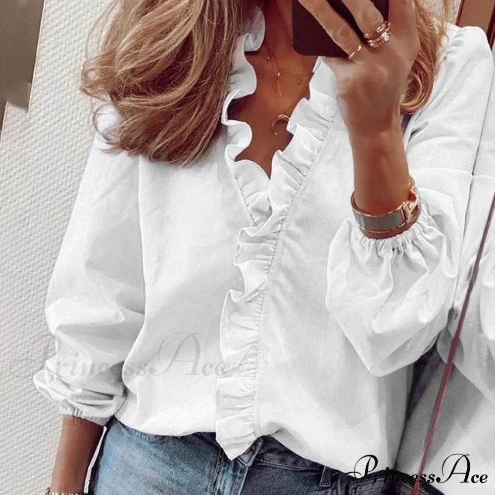 Design Blouse Office Bohemian V-neck Arm Blouse Retro Slim Flowered Brief Women Ruffles Casual Lady Tops Summer - Image 3