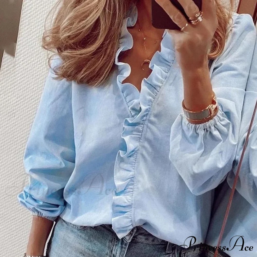 Design Blouse Office Bohemian V-neck Arm Blouse Retro Slim Flowered Brief Women Ruffles Casual Lady Tops Summer - Image 5