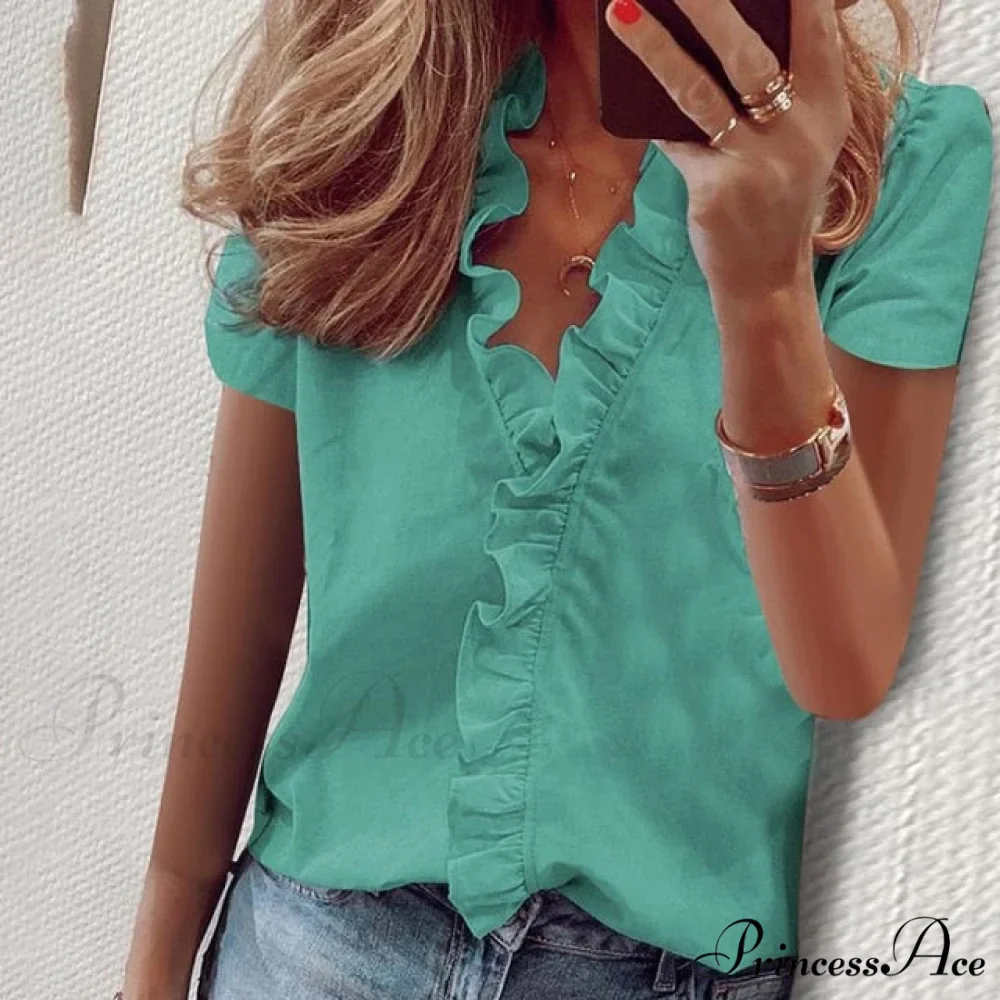 Design Blouse Office Bohemian V-neck Arm Blouse Retro Slim Flowered Brief Women Ruffles Casual Lady Tops Summer - Image 7