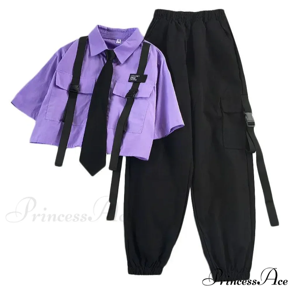 Short-Sleeved Tie Fashion Womens Spring High-Waist Streetwear Loose Blouse Pants Ribbon Autumn Straight with Cargo Set