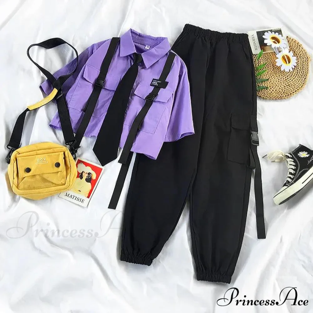 Short-Sleeved Tie Fashion Womens Spring High-Waist Streetwear Loose Blouse Pants Ribbon Autumn Straight with Cargo Set - Image 3