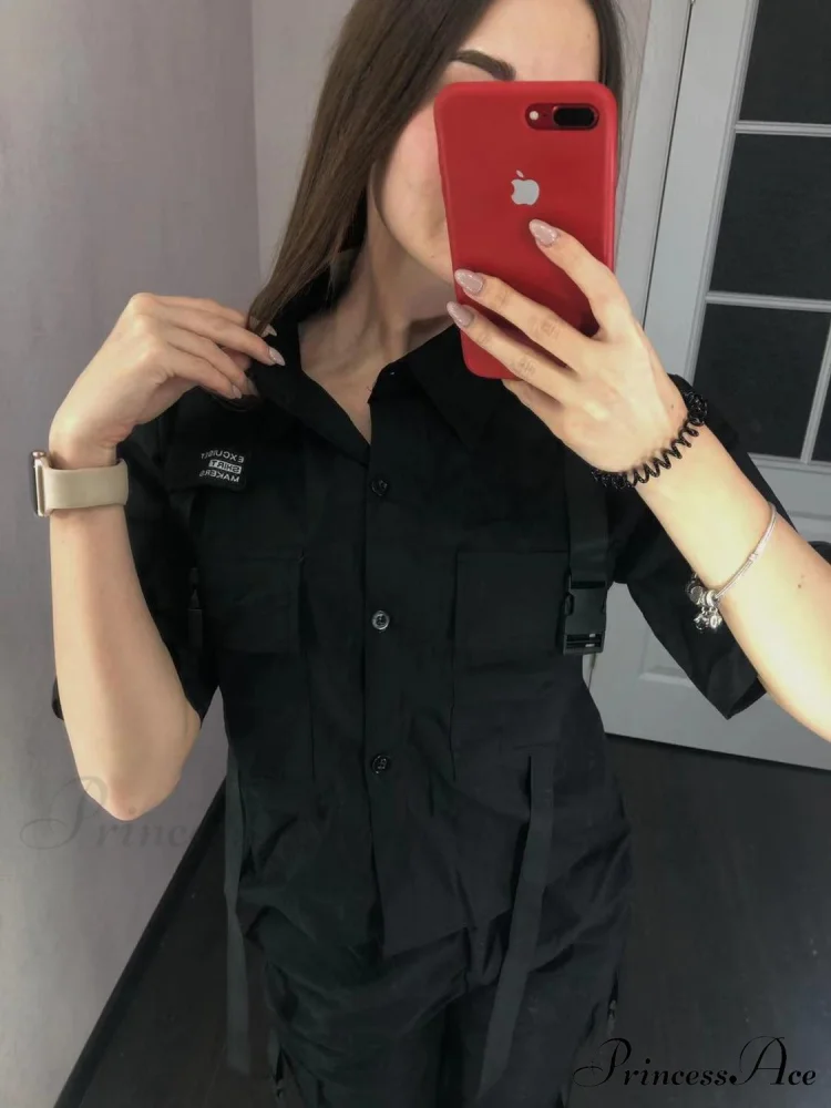 Short-Sleeved Tie Fashion Womens Spring High-Waist Streetwear Loose Blouse Pants Ribbon Autumn Straight with Cargo Set - Image 4