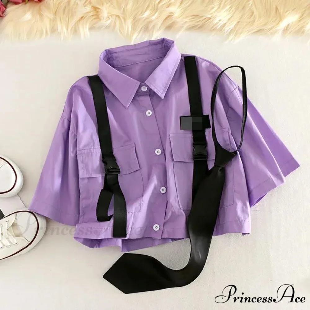 Short-Sleeved Tie Fashion Womens Spring High-Waist Streetwear Loose Blouse Pants Ribbon Autumn Straight with Cargo Set - Image 5