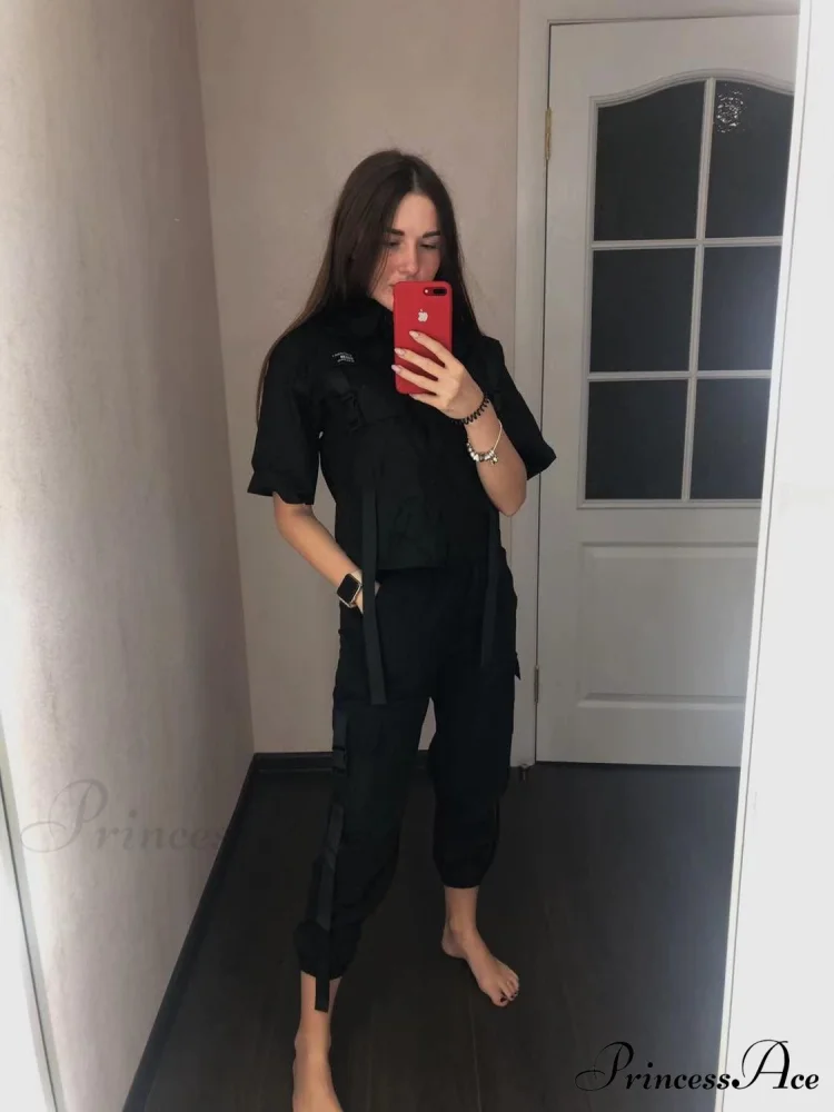 Short-Sleeved Tie Fashion Womens Spring High-Waist Streetwear Loose Blouse Pants Ribbon Autumn Straight with Cargo Set - Image 6