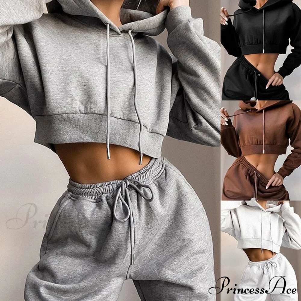Crop Set and Hooded Sweatshirt Two Solid Tracksuit Fleece Top Piece Women's - Pants
